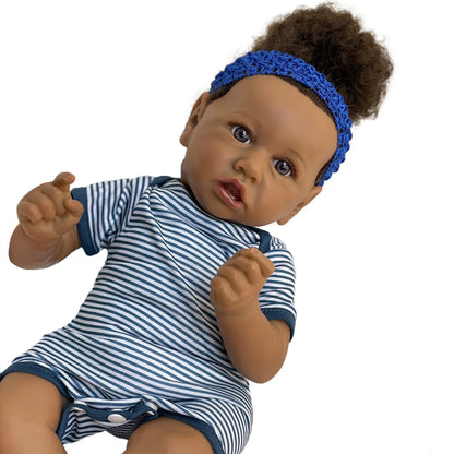 20inch 50cm African Skin Saskia Bebe Reborn Doll With Rooted Hair Handmade Soft Touch Cloth Body Feeling With 3D Painted Skin Lifelike Real Doll Gift Blue