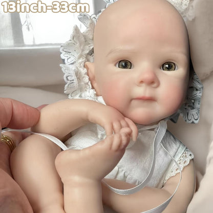 13Inch/33cm Adorable Reborn Silicone Girl Doll Bettie Can Open Mouth Whole Body Soft Solid Silicone Girl Handemade Painted Detailed Skin Newborn Baby Dolls With White Suit Best Gifts For Family