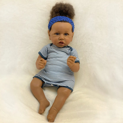 20inch 50cm African Skin Saskia Bebe Reborn Doll With Rooted Hair Handmade Soft Touch Cloth Body Feeling With 3D Painted Skin Lifelike Real Doll Gift Blue