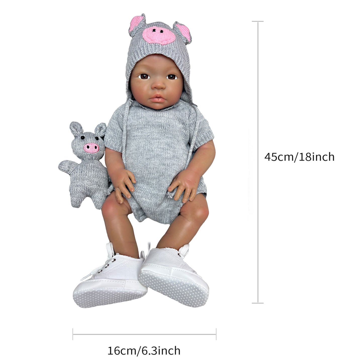 45cm/18Inch Dark Skin Solid Silicone Reborn Girl With Artist Oil Painted Skin, Whole Body Soft Platinum Silicone Newborn Baby Doll Can Bath, Reborn Doll Toy