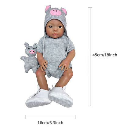 45cm/18Inch Dark Skin Solid Silicone Reborn Girl With Artist Oil Painted Skin, Whole Body Soft Platinum Silicone Newborn Baby Doll Can Bath, Reborn Doll Toy