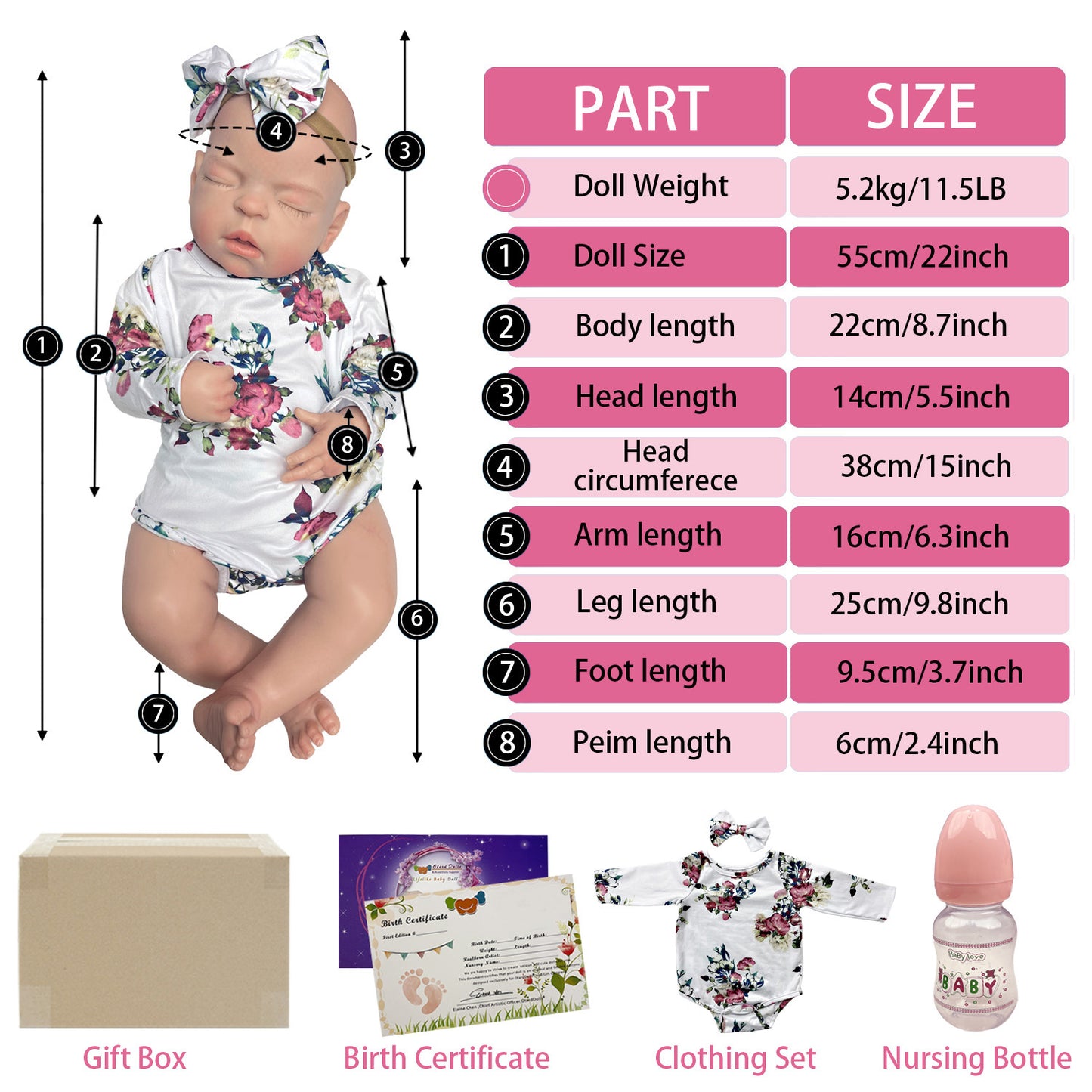 22 Inch/55cm All Silicone Big Sleeping Girl Reborn Doll - A Lifelike Full Body Soft Solid Silicone Newborn Baby Doll Perfect for Collection Gift Halloween/Thanksgiving Day/Christmas gift