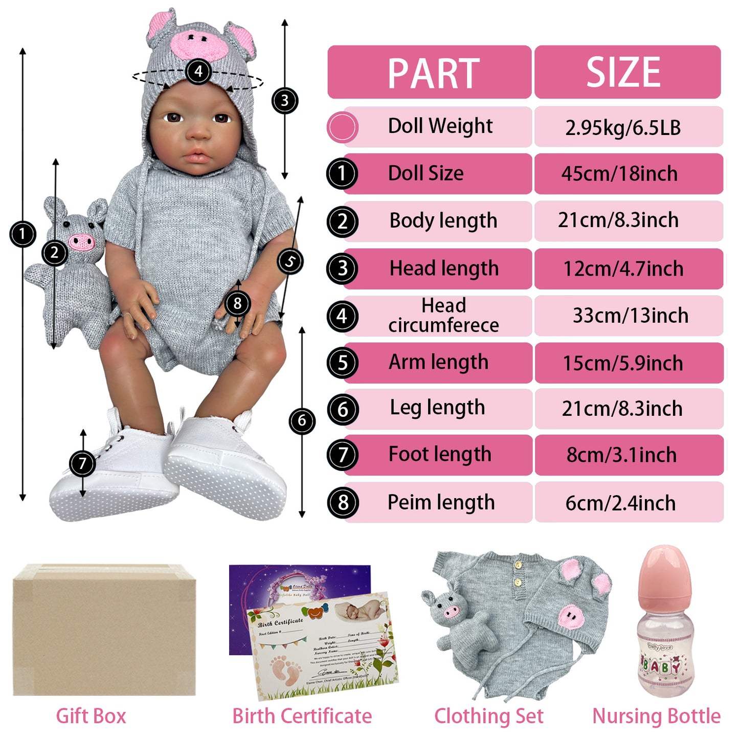 45cm/18Inch Dark Skin Solid Silicone Reborn Girl With Artist Oil Painted Skin, Whole Body Soft Platinum Silicone Newborn Baby Doll Can Bath, Reborn Doll Toy