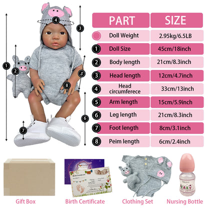 45cm/18Inch Dark Skin Solid Silicone Reborn Girl With Artist Oil Painted Skin, Whole Body Soft Platinum Silicone Newborn Baby Doll Can Bath, Reborn Doll Toy