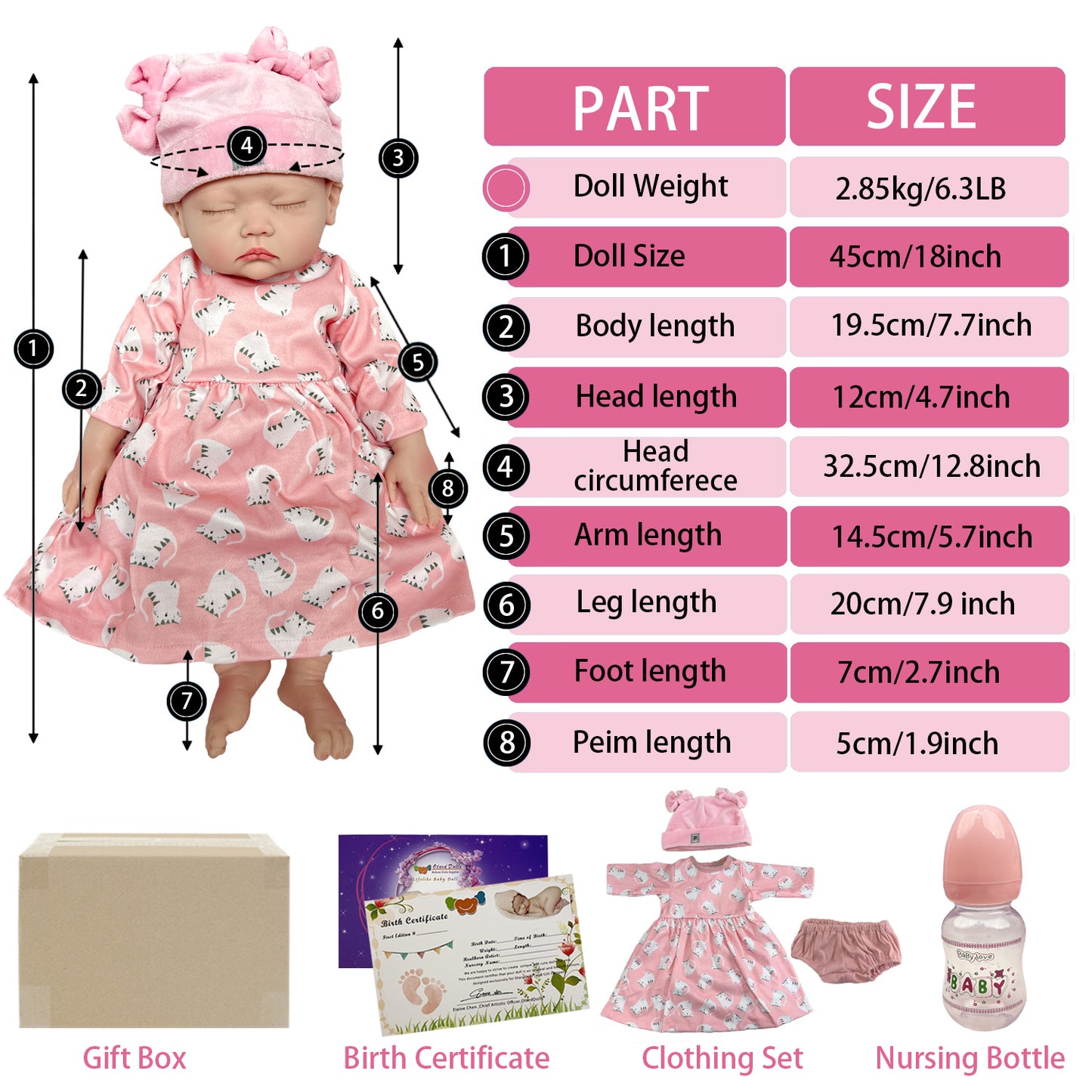 18inch Sleeping Girl Silicone Reborn Dolls Full Body Soft Solid Silicone Bebe Reborn Doll Artist Painting Baby Dolls For Family's Gift